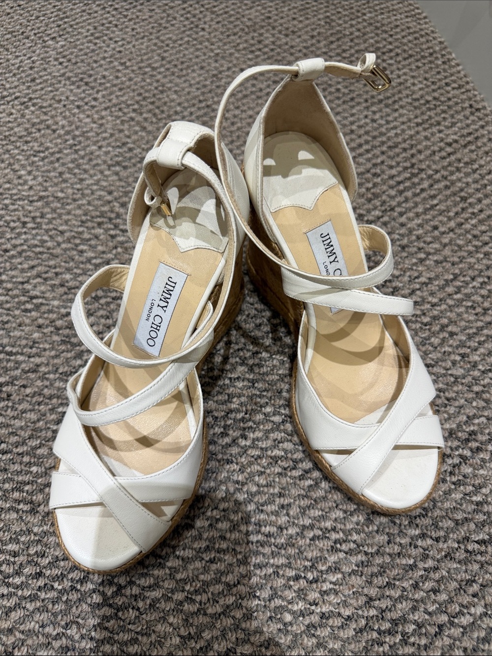 Jimmy Choo Ivory Leather Crisscross Wedge Sandals